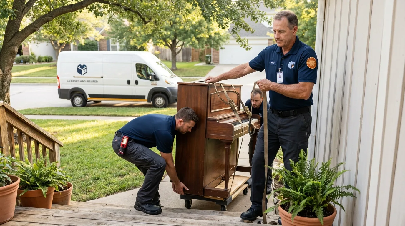 Licensed piano movers securing grand piano in Lancaster, OH